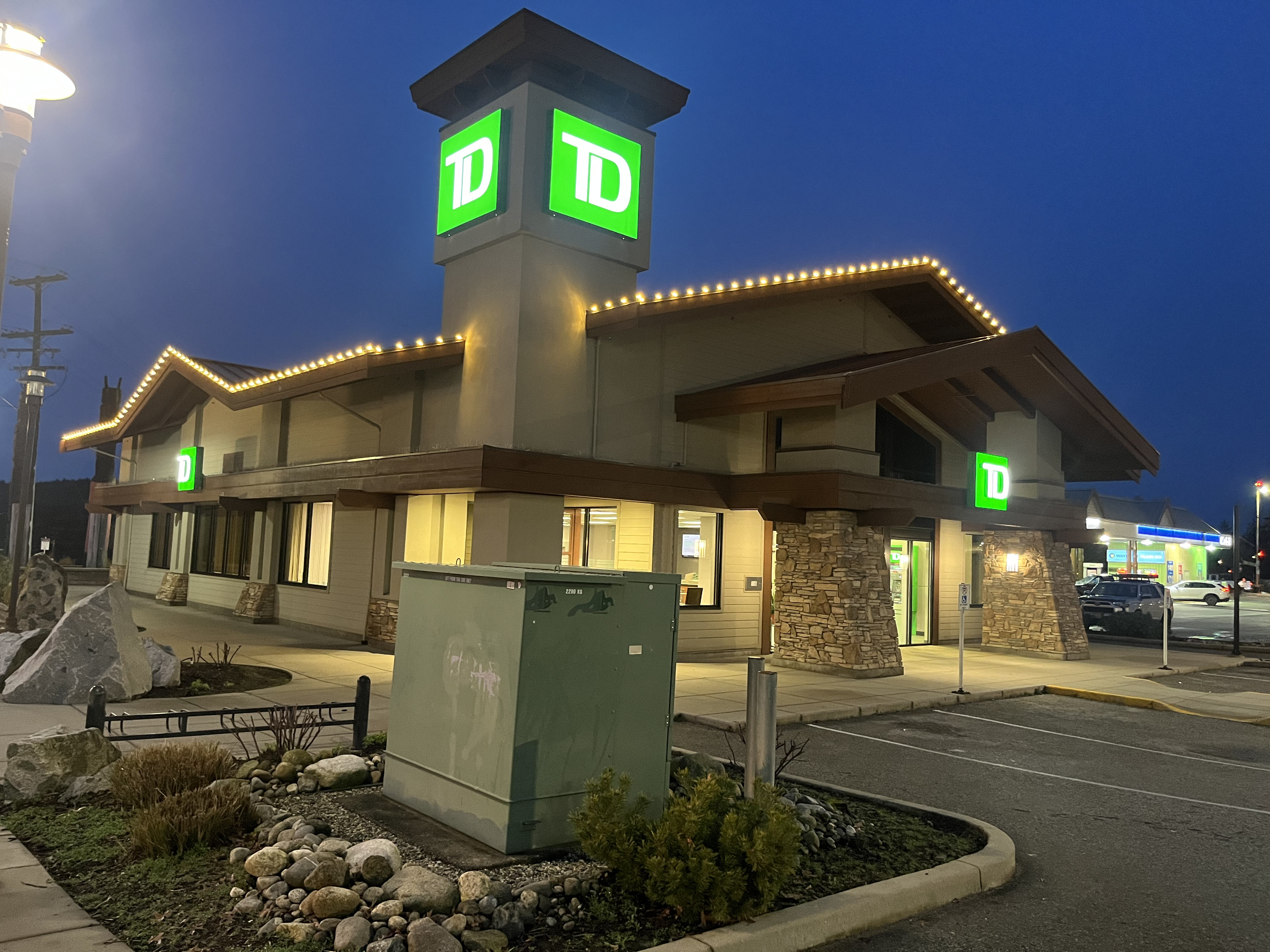 TD Bank commercial Christmas light installation Sunshine Coast BC